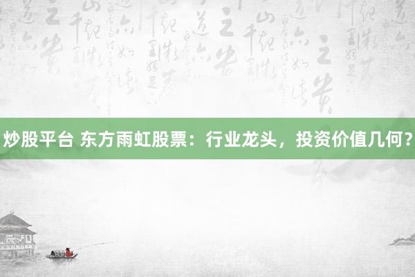 炒股平台 东方雨虹股票:行业龙头,投资价值几何?